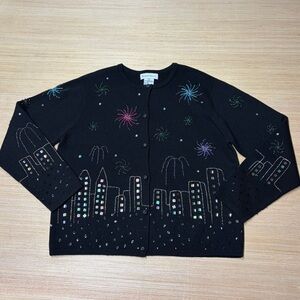 Robert Scott Wool Cardigan Sweater Womens Large Black Bling Sequin Vintage 90s